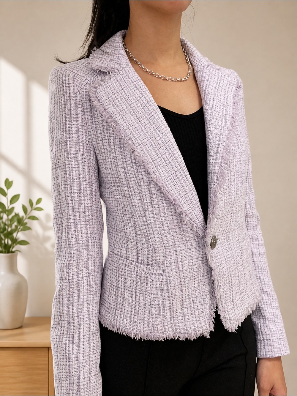 White House Black Market Lavender Tweed Frayed-Edge Blazer